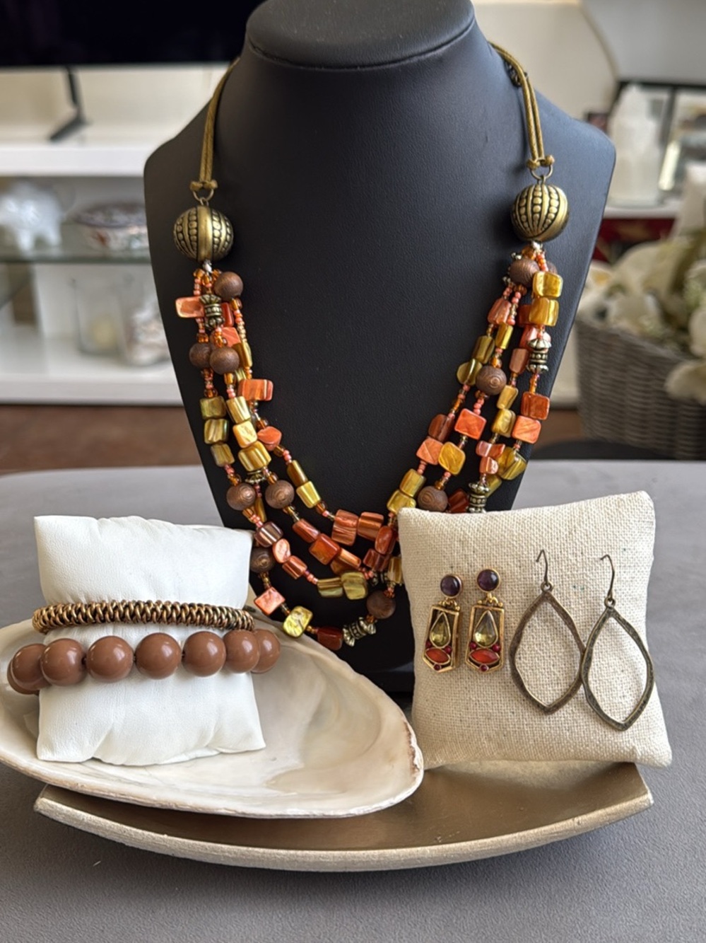Boho Multi-Strand Orange and Gold Beaded Necklace Set - Earrings Bracelets Gift - Picture 1 of 5